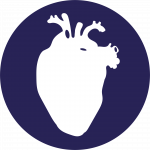 Ein blaues Icon mit dem Umriss eines weißen, anatomisch korrekten Herzes in der Mitte.
